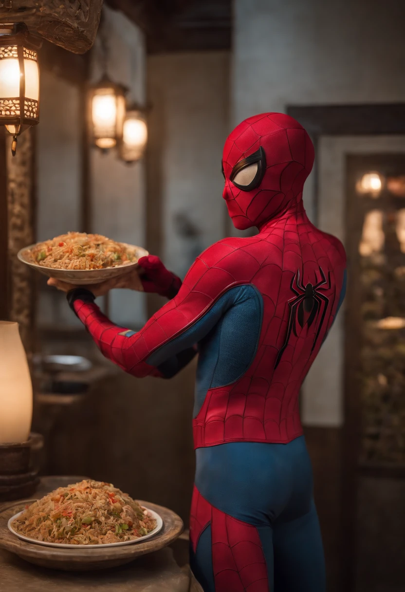 Cinematographer, ultra realista, Ropa detallada, Bellamente detallado, UHD, HDR, Altas Resoluciones, ultra detallado, Detalles intrincados, Efectos texturales, absurdos, obra maestra, 8k:1.2. En esta imagen, vemos a Spider-Man en un inusual descanso de sus actividades heroicas. He's standing in a chic Asian restaurant in his iconic costume................................ Spider-Man holds a bowl of Chinese fried rice mixed with chow mein in his hands skillfully. The restaurant is decorated with traditional Chinese elements, como linternas rojas colgando del techo y dragones dorados esculpidos en las paredes. The dim light of the lanterns creates a warm and welcoming atmosphere in the place.