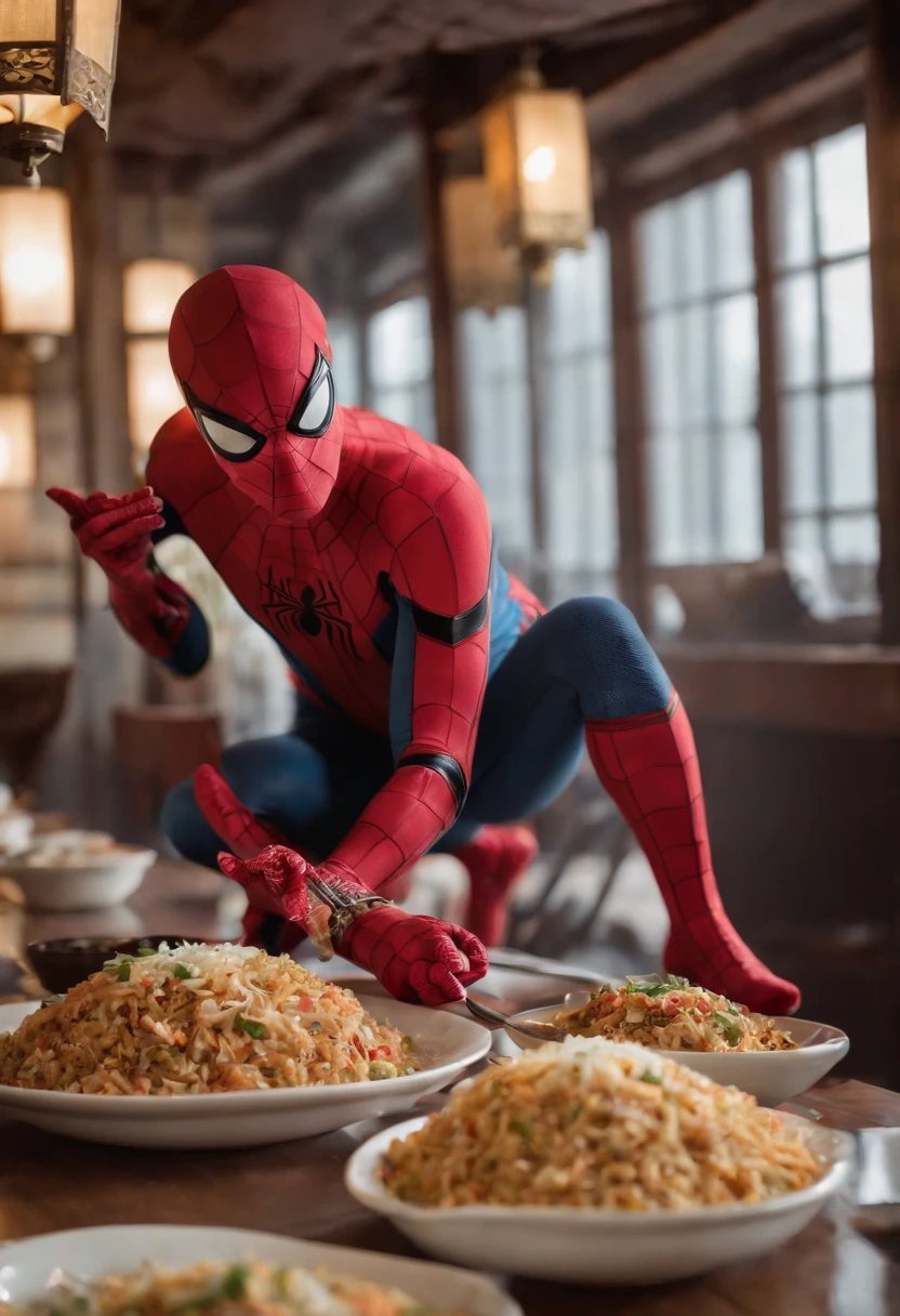 Cinematographer, ultra realista, Ropa detallada, Bellamente detallado, UHD, HDR, Altas Resoluciones, ultra detallado, Detalles intrincados, Efectos texturales, absurdos, obra maestra, 8k:1.2. En esta imagen, vemos a Spider-Man en un inusual descanso de sus actividades heroicas. He's standing in a chic Asian restaurant in his iconic costume................................ Spider-Man holds a bowl of Chinese fried rice mixed with chow mein in his hands skillfully. The restaurant is decorated with traditional Chinese elements, como linternas rojas colgando del techo y dragones dorados esculpidos en las paredes. The dim light of the lanterns creates a warm and welcoming atmosphere in the place.