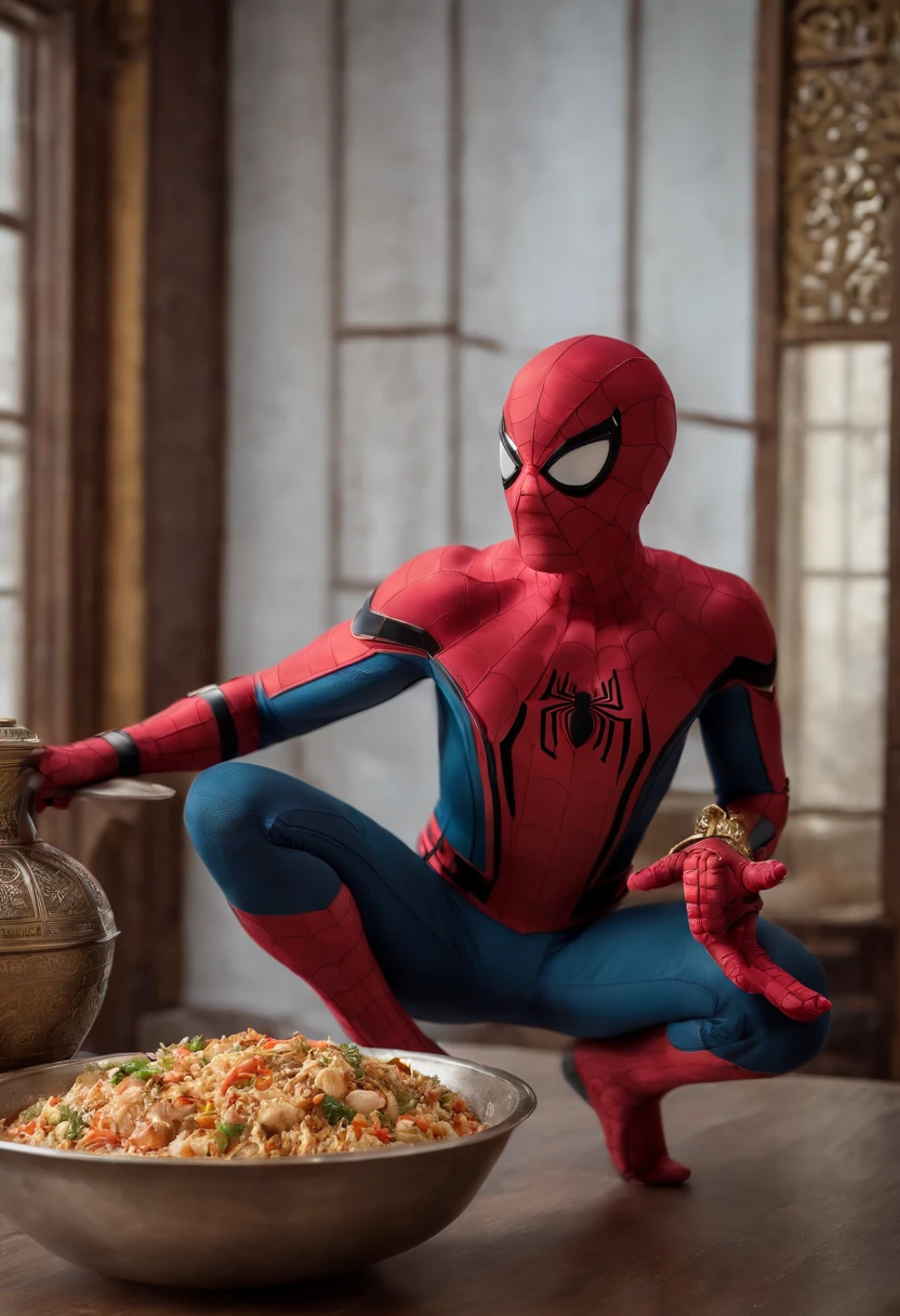 Cinematographer, ultra realista, Ropa detallada, Bellamente detallado, UHD, HDR, Altas Resoluciones, ultra detallado, Detalles intrincados, Efectos texturales, absurdos, obra maestra, 8k:1.2. En esta imagen, vemos a Spider-Man en un inusual descanso de sus actividades heroicas. He's standing in a chic Asian restaurant in his iconic costume................................ Spider-Man holds a bowl of Chinese fried rice mixed with chow mein in his hands skillfully. The restaurant is decorated with traditional Chinese elements, como linternas rojas colgando del techo y dragones dorados esculpidos en las paredes. The dim light of the lanterns creates a warm and welcoming atmosphere in the place.