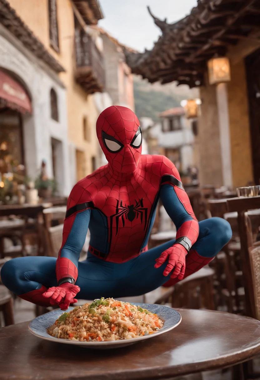 Cinematographer, ultra realista, Ropa detallada, Bellamente detallado, UHD, HDR, Altas Resoluciones, ultra detallado, Detalles intrincados, Efectos texturales, absurdos, obra maestra, 8k:1.2. En esta imagen, vemos a Spider-Man en un inusual descanso de sus actividades heroicas. He's standing in a chic Asian restaurant in his iconic costume................................ Spider-Man holds a bowl of Chinese fried rice mixed with chow mein in his hands skillfully. The restaurant is decorated with traditional Chinese elements, como linternas rojas colgando del techo y dragones dorados esculpidos en las paredes. The dim light of the lanterns creates a warm and welcoming atmosphere in the place.