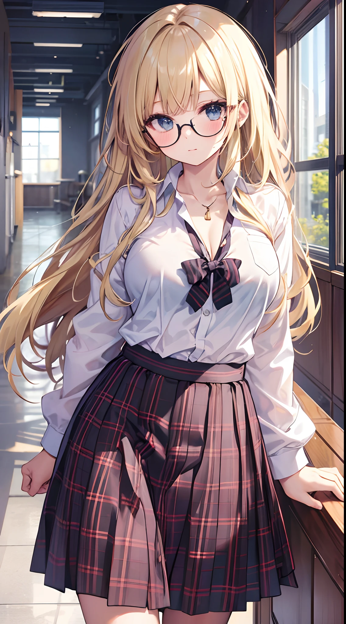 masterpiece, best quality, highres, sa1, blonde hair, glasses, school uniform, white shirt, skirt, plaid skirt, open shirt, bra,