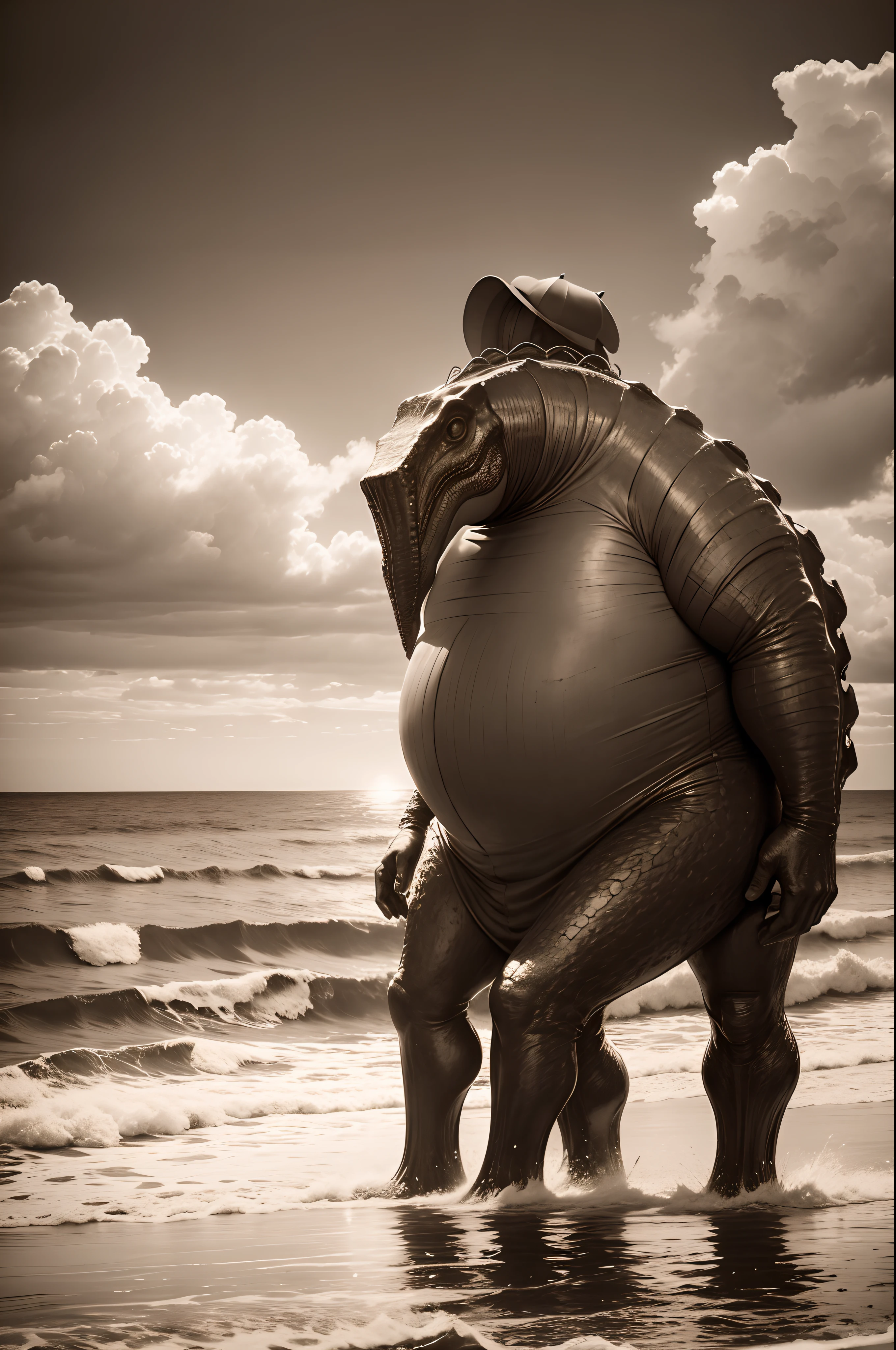 giant sea monsters in the background of old fashioned family (mother. father and 2 kids) group photos at the beach, sepia toned images, old Daguerreotypes styled