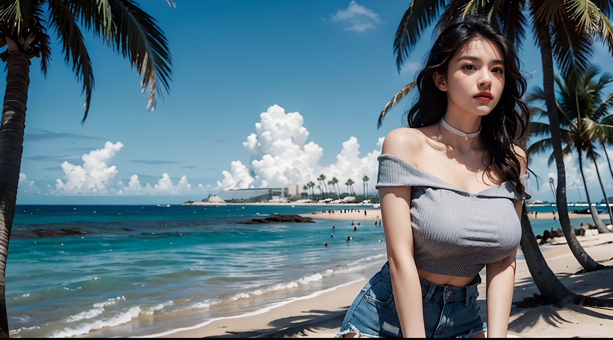 Best Quality, Masterpiece, The ultra-Highres, (Photorealistic:1.4), 1Girl, off-shoulder shirt, ((traditional chinese dress:1)), black choker, (faded ash gray hair:1), (Huge breasts:1.2), looking up at viewer, closeup shot, seaside, waves, palm tree, White tank top and ripped shorts, seaside, waves, palm tree, seaside, waves, palm tree, seaside, waves, palm tree, seaside, waves, palm tree