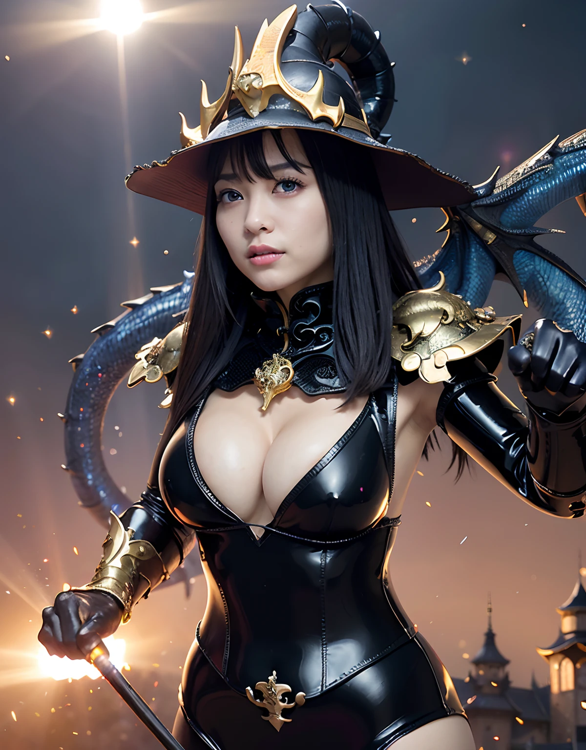((World of Darkness)),Professional , ​masterpiece、top-quality、photos realistic , depth of fields 、(((Fight dragons))),（Dragon Black Metal Body:1.9),(latex black-blue、（cleavage of the breast）,（Fight dragons）、、(((Particles of light))),（Micro Bikini Armor:1.7),Gorgeous gold weapons ,（Fight dragons）、Seductive look、The face of the dragon is out、（blood splattere、Armpit、（(((With a magic wand))), ） , (((Wearing a black latex wizard hat))),（demonic wings）   ,（（a blond））、（Castle background）、（（Gangle's forest background））、Beautiful Caucasian beauty、１a person、Armpit、dynamic ungle,(((Detailed and ornate dragon wizard hat)))、Smaller head、A smile、Castle background、Thin and beautiful female hands、cleavage of the breast、Soldier in iron armor on background、Mystical expression、Light Effects、intense fighting、Wind-effect、magic circles、With the legendary magic wand、Dragon's tail、explosions、Toostock、Toostock、(Beautuful Women),