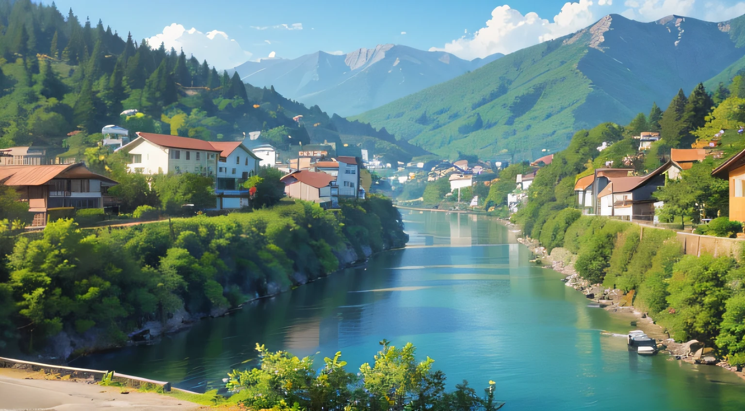 A quiet little mountain village，There are woods，There is a river，There are mountain peaks