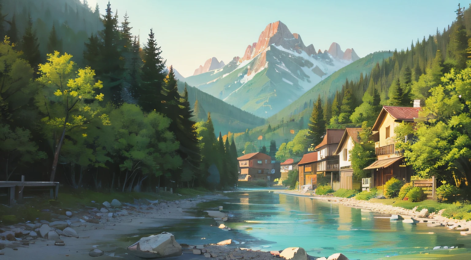 A quiet little mountain village,There are woods,There is a river,There are mountain peaks