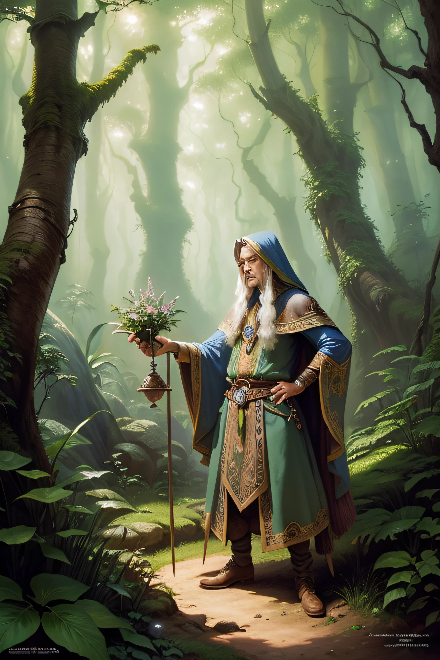 photorealistic portrait of a wizard ,elves in a whimsical forest,Rodney Matthews,Karem Beyit,vivid color
