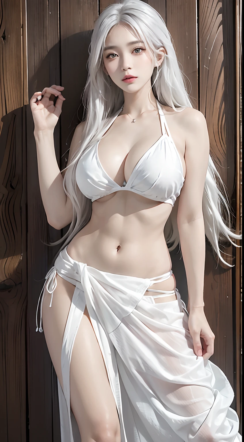 high resolution, 1 woman, hips up, Beautiful eyes, Long hair, ringed eyes, jewelry, tattoo, colorful street wear, white hair,(((Bikini-Sarong Style))),huge boobs