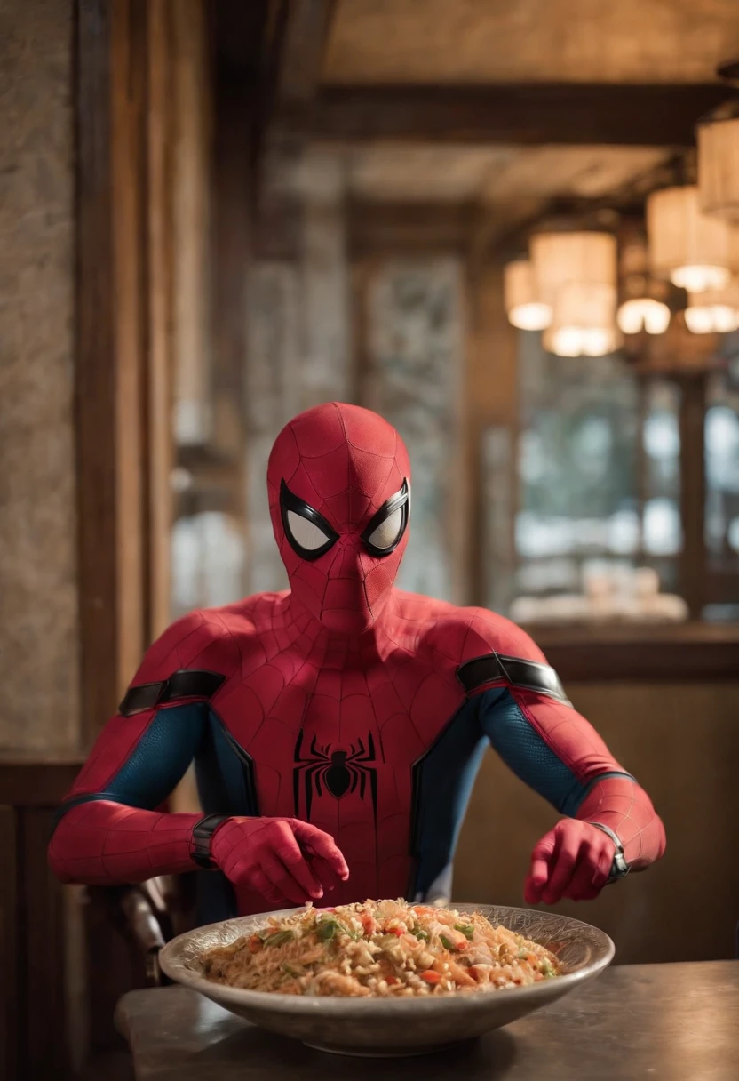 Cinematographer, ultra realista, Ropa detallada, Bellamente detallado, UHD, HDR, Altas Resoluciones, ultra detallado, Detalles intrincados, Efectos texturales, absurdos, obra maestra, 8k:1.2. En esta imagen, vemos a Spider-Man en un inusual descanso de sus actividades heroicas. He's standing in a chic Asian restaurant in his iconic costume................................. Spider-Man holds a bowl of Chinese fried rice mixed with chow mein in his hands skillfully. The restaurant is decorated with traditional Chinese elements, como linternas rojas colgando del techo y dragones dorados esculpidos en las paredes. The dim light of the lanterns creates a warm and welcoming atmosphere in the place.