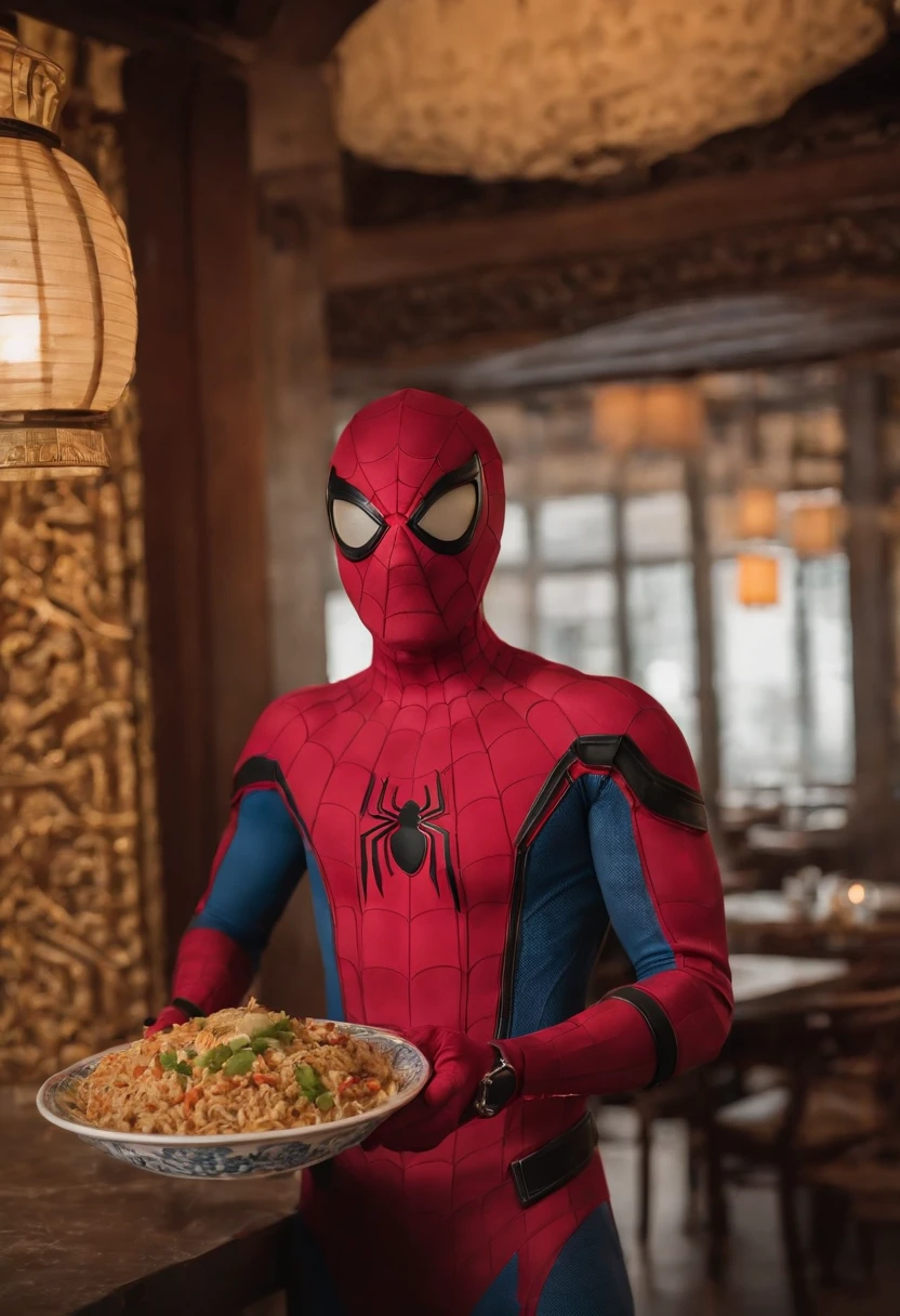 Cinematographer, ultra realista, Ropa detallada, Bellamente detallado, UHD, HDR, Altas Resoluciones, ultra detallado, Detalles intrincados, Efectos texturales, absurdos, obra maestra, 8k:1.2. En esta imagen, vemos a Spider-Man en un inusual descanso de sus actividades heroicas. He's standing in a chic Asian restaurant in his iconic costume................................. Spider-Man holds a bowl of Chinese fried rice mixed with chow mein in his hands skillfully. The restaurant is decorated with traditional Chinese elements, como linternas rojas colgando del techo y dragones dorados esculpidos en las paredes. The dim light of the lanterns creates a warm and welcoming atmosphere in the place.