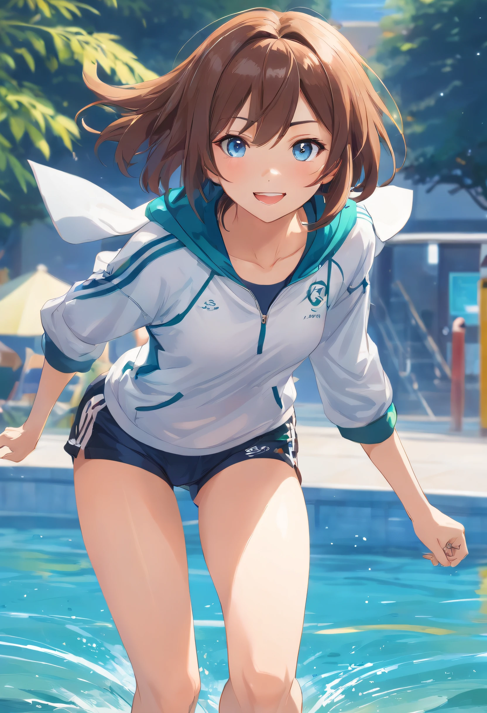 best qualtiy，ighly detailed，tmasterpiece，ultra - detailed，1girll，Full body like，symple background，Blue Sky Background，Elaborate Eyes，brown-brown hair，Blue colored eyes，white soft long legs，short detailed hair，Lively and cheerful，female high-school student，Eye of the Water Spirit，White skin and beautiful appearance，Melon Seed Face，younger sister，Laughter，grin face，Modern style，Sporty clothing，Simple sportswear