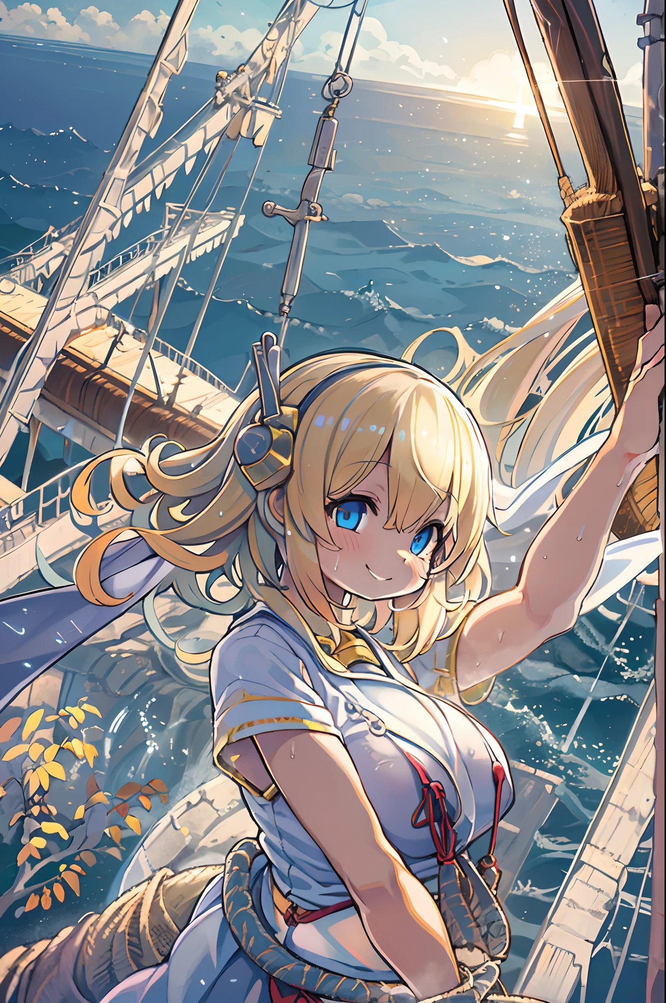 {{masutepiece, Best Quality, extremely details CG, Unity 8k壁纸, Cinematic lighting, }}, Sony α7, wide frame, south pacific, During the war with the Asian powers, The wind blowing on the Aegis ship, 1 girl, Full body, Smile, She is a sailor in the US Navy, Caucasian, 20 years old, Smile, Blonde hair, a short bob, Blue eyes , long eyelashes ,