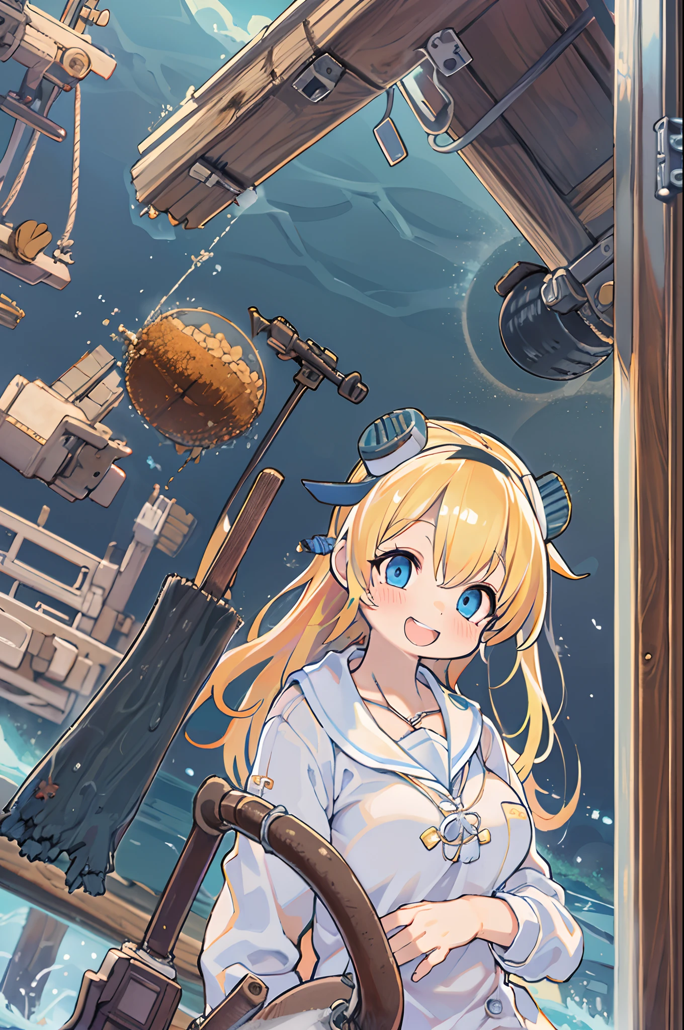 {{masutepiece, Best Quality, extremely details CG, Unity 8k壁纸, Cinematic lighting, }}, Sony α7, wide frame, south pacific, During the war with the Asian powers, The wind blowing on the Aegis ship, 1 girl, Full body, Smile, She is a sailor in the US Navy, Caucasian, 20 years old, Smile, Blonde hair, a short bob, Blue eyes , long eyelashes ,