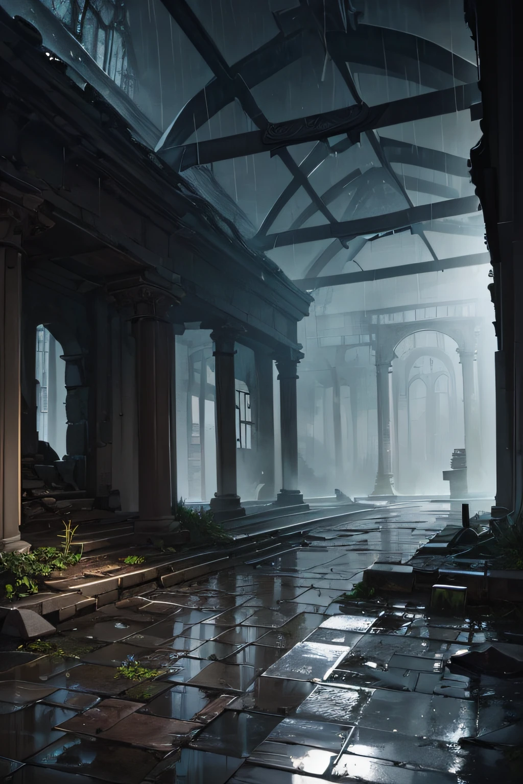 (Best Quality, masutepiece),( dark sky, Heavy rain, Inside the ruined temple, Low water stagnant water, ), Realistic background, 2112, light*_Black_Particle,