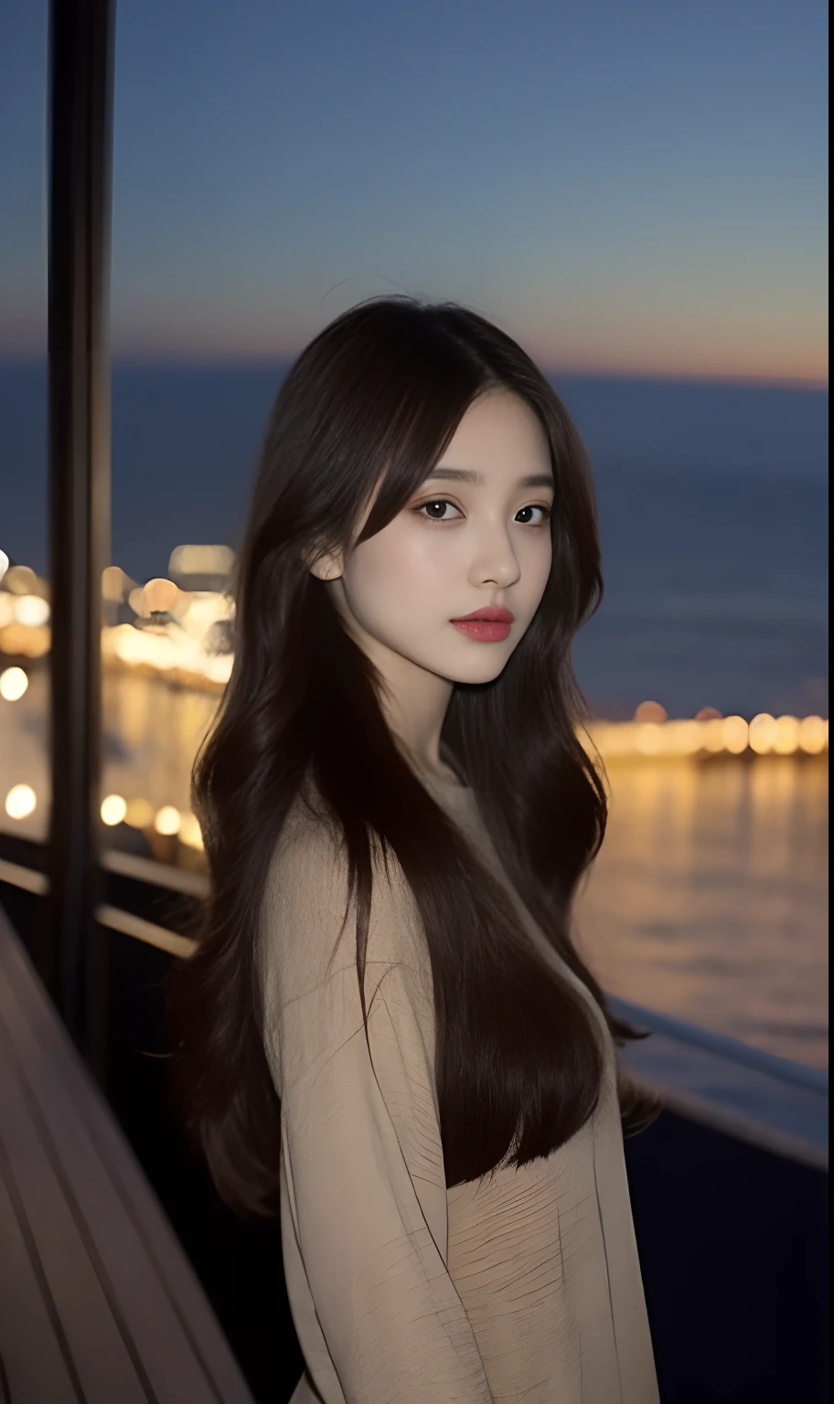 (Original photo of 8K,best qualtiy,tmasterpiece:1.2),(Medium view),the night,Night on a yacht,Sea and night view in the background,best qualtiy,tmasterpiece,(Small mouth:1.2),short- sleeved,short- sleeved,short- sleeved,short- sleeved,an extremely delicate and beautiful one,,astounding,finely detailled,tmasterpiece,Best quality at best,(age 22:1.2),Narrow waist,Slim,is shy,Pure,adolable,Bushy hair,Soft hair,big breasts beautiful,A detailed eye,(long whitr hair:1.2)