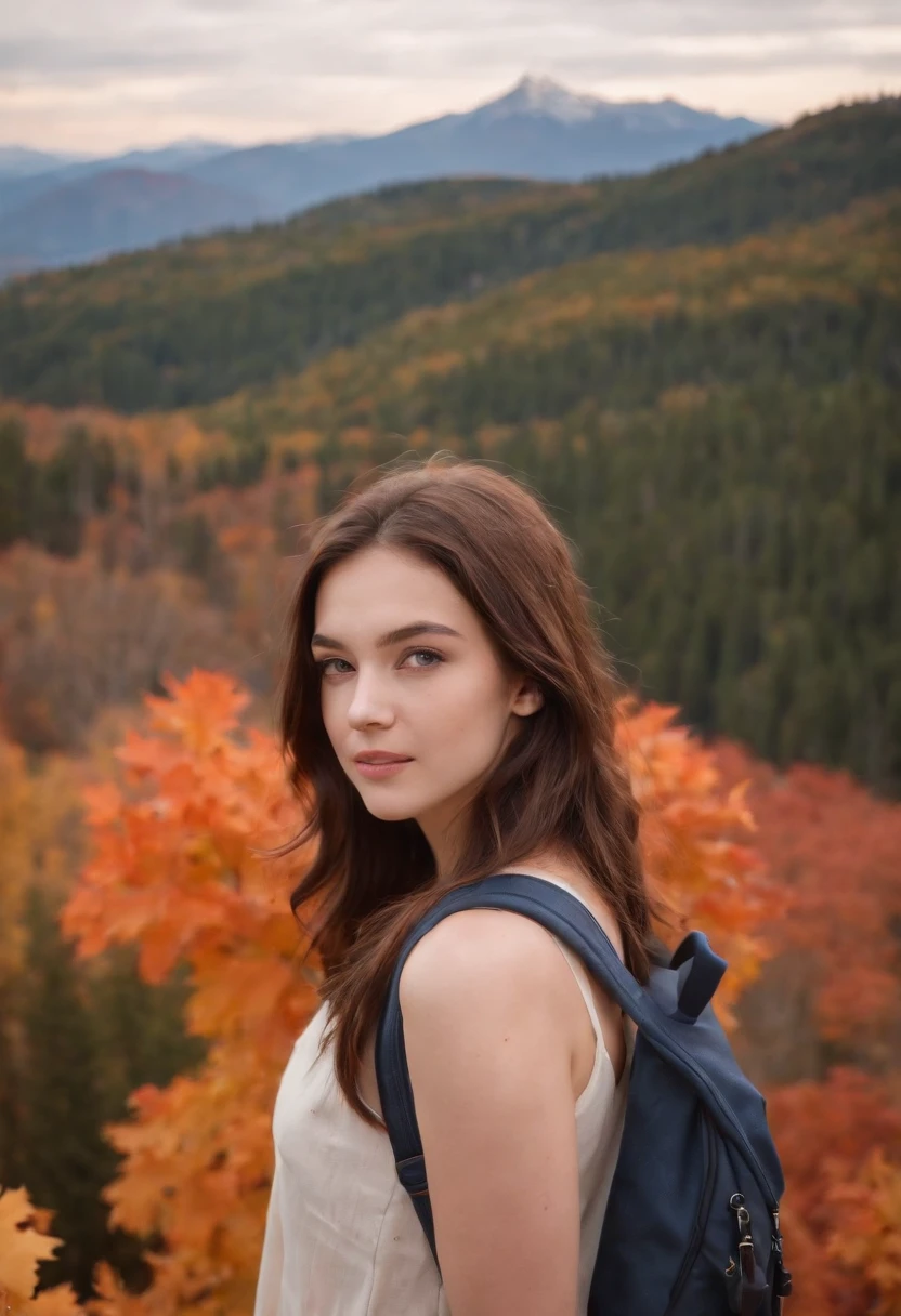 (beautiful skyline, magnificent sky), (dramatic and dramatic graphics, moving visuals), (hanging north star, colorful natural light), (an 18-year-old beautiful girl, bust), (casual dress, with backpack), (Canadian orange maple leaf mountain background))