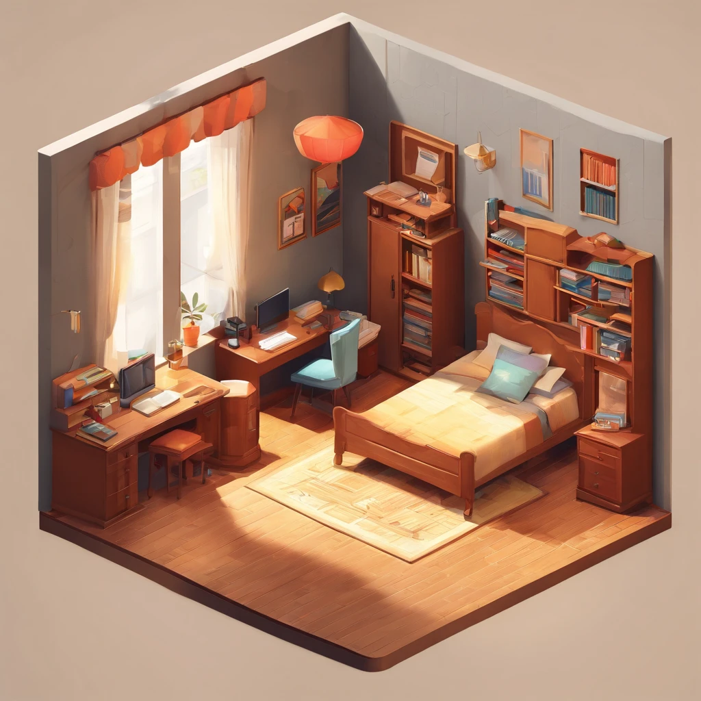 There is a boy's room with ( a bed in the middle of the room ), (a desk with a pencil, a notebook and a textbook), (a chair in front of the desk), (a wardrobe with double doors ), a carpet, a wall clock, a wall painting, (a bookcase with several books on its shelves), a full-length mirror. The room has the same dimensions in width, breadth or depth. This is a game screenshot. This image captures the furniture, home and lifestyle of 1950s America.
