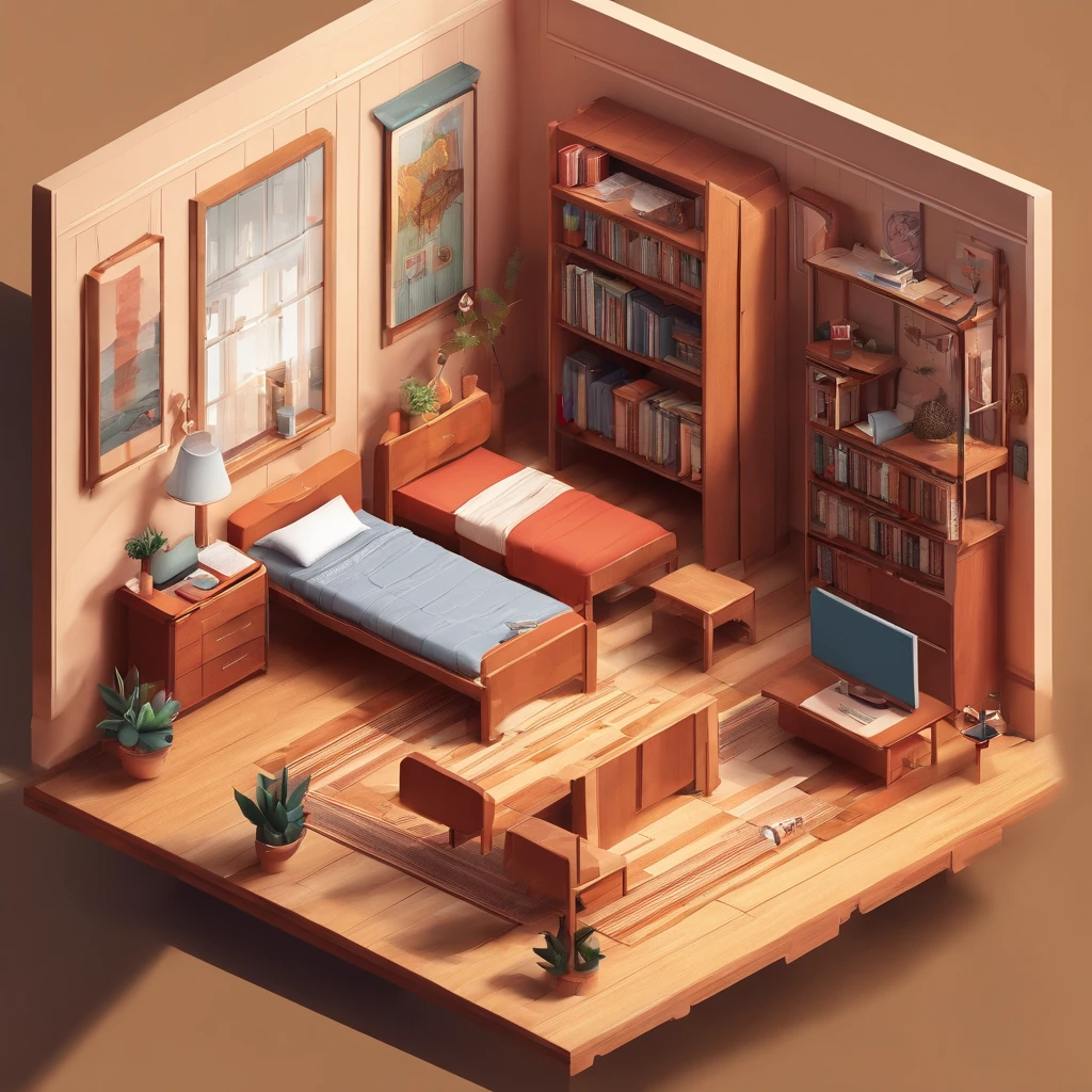 There is a boy's room with ( a bed in the middle of the room ), (a desk with a pencil, a notebook and a textbook), (a chair in front of the desk), (a wardrobe with double doors ), a carpet, a wall clock, a wall painting, (a bookcase with several books on its shelves), a full-length mirror. The room has the same dimensions in width, breadth or depth. This is a game screenshot. This image captures the furniture, home and lifestyle of 1950s America.