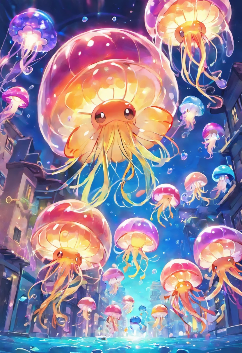 army of colorful jellyfish, invade a city, hallucination, bioluminescence