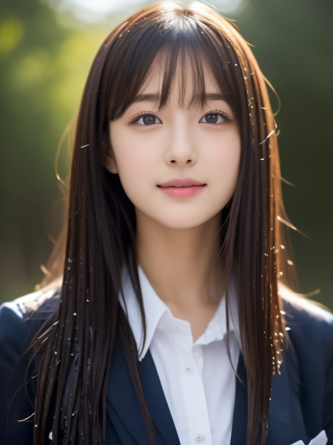 (((high detal,high-detail、​masterpiece,Attention to detail))),Arab-asian woman in uniform, Realistic Young Gravure Idol, a hyperrealistic schoolgirl, Japan school uniform, japanese girl school uniform, a hyperrealistic schoolgirl,Young Pretty Gravure Idol, wearing japanese school uniform, Young Sensual Gravure Idol, Young Gravure Idol, Beautiful but innocent schoolgirl when you laugh,the whole body is wet,dripped out,with a flushed face,Beautiful girl with beautiful legs,Beautiful woman natural light、the whole body is wet,Sheer clothing,Semi-long,perm,Brown shiny hair,Hair is wet,Dripping water,dripping,,Have a troubled face,