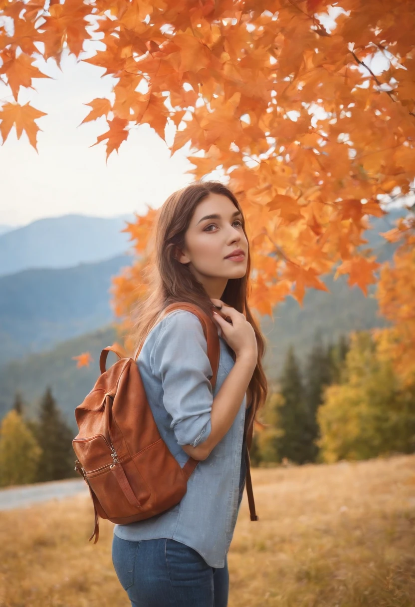 (beautiful skyline, magnificent sky), (dramatic and dramatic graphics, moving visuals), (hanging north star, colorful natural light), (an 18-year-old beautiful girl, bust), (casual dress, with backpack), (Canadian orange maple leaf mountain background)),upper body