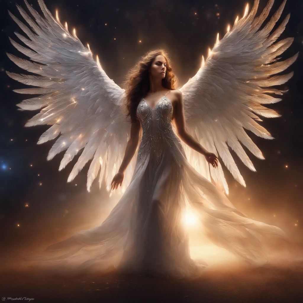 cosmic fallen angel, olhos claros brilhantes, Biomechanicals, estranho, assustador, Pesadelo, cores muito brilhantes, light particles, com luz brilhante, Mshiff, Arte do papel de parede, Papel de parede UHD