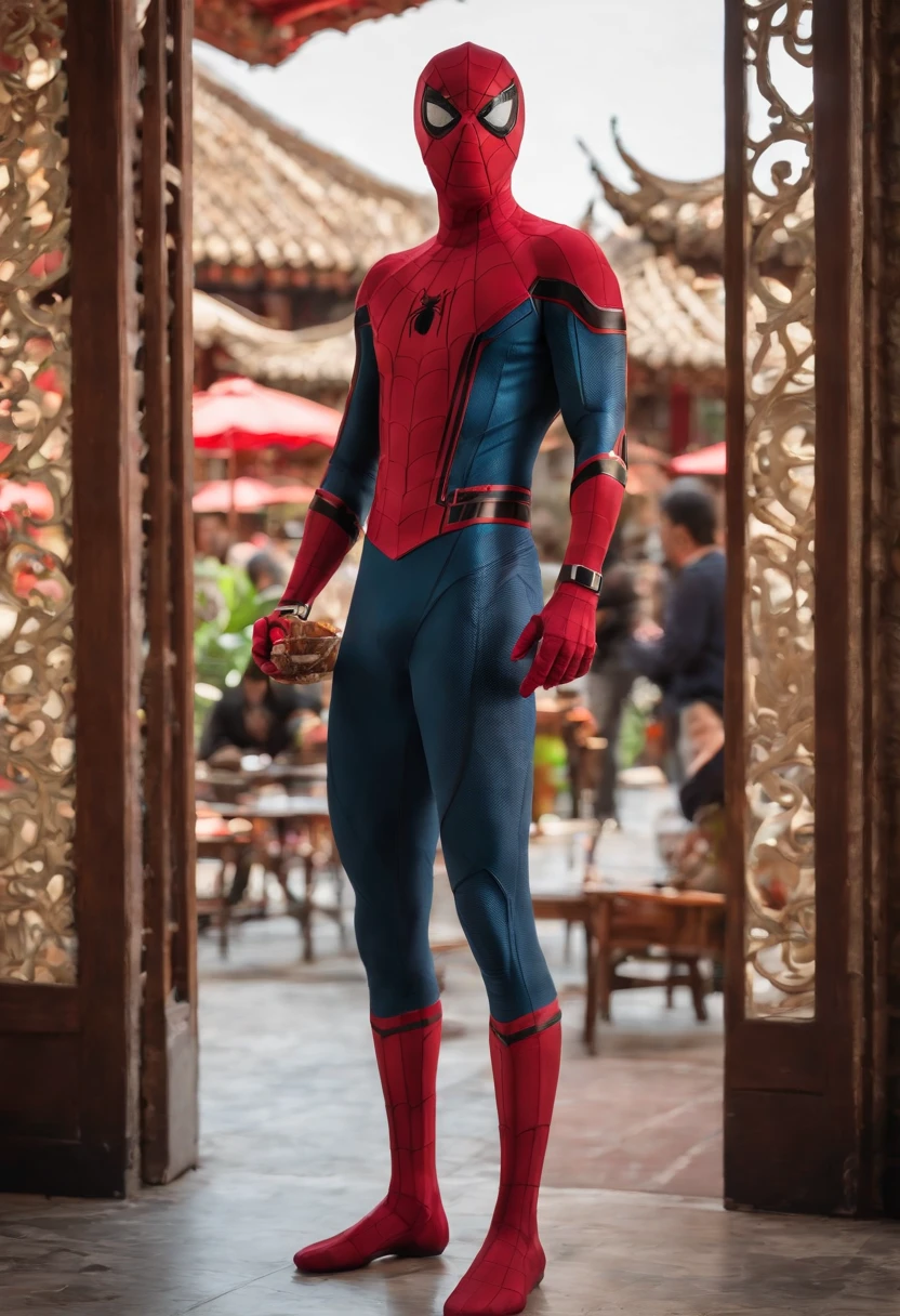 Cinematographer, ultra realista, Ropa detallada, Bellamente detallado, UHD, HDR, Altas Resoluciones, ultra detallado, Detalles intrincados, Efectos texturales, absurdos, obra maestra, 8k:1.2. En esta imagen, vemos a Spider-Man en un inusual descanso de sus actividades heroicas. He's standing in a chic Asian restaurant in his iconic costume................................. Spider-Man holds a bowl of Chinese fried rice mixed with chow mein in his hands skillfully. The restaurant is decorated with traditional Chinese elements, como linternas rojas colgando del techo y dragones dorados esculpidos en las paredes. The dim light of the lanterns creates a warm and welcoming atmosphere in the place.