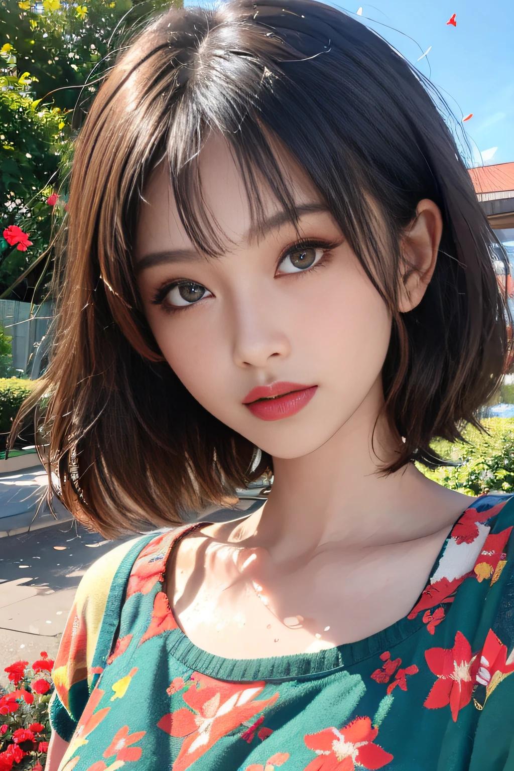 (masuter piece:1.3)、(8K、Photorealsitic、Raw photography、top-quality: 1.4)、(1girl in)、beautiful countenance、(Lifelike face)、(A dark-haired、short-hair:1.3)、Beautiful hairstyle、realisticeyes、Beautiful details、(real looking skin)、Beautiful skins、(Sweaters)、absurderes、enticing、超A high resolution、A hyper-realistic、high-detail、Gold is more than you can imagine, Blue sky, Wet asphalt, Storm, Red flowers, Green grass, butterflys, Moon, Stars,