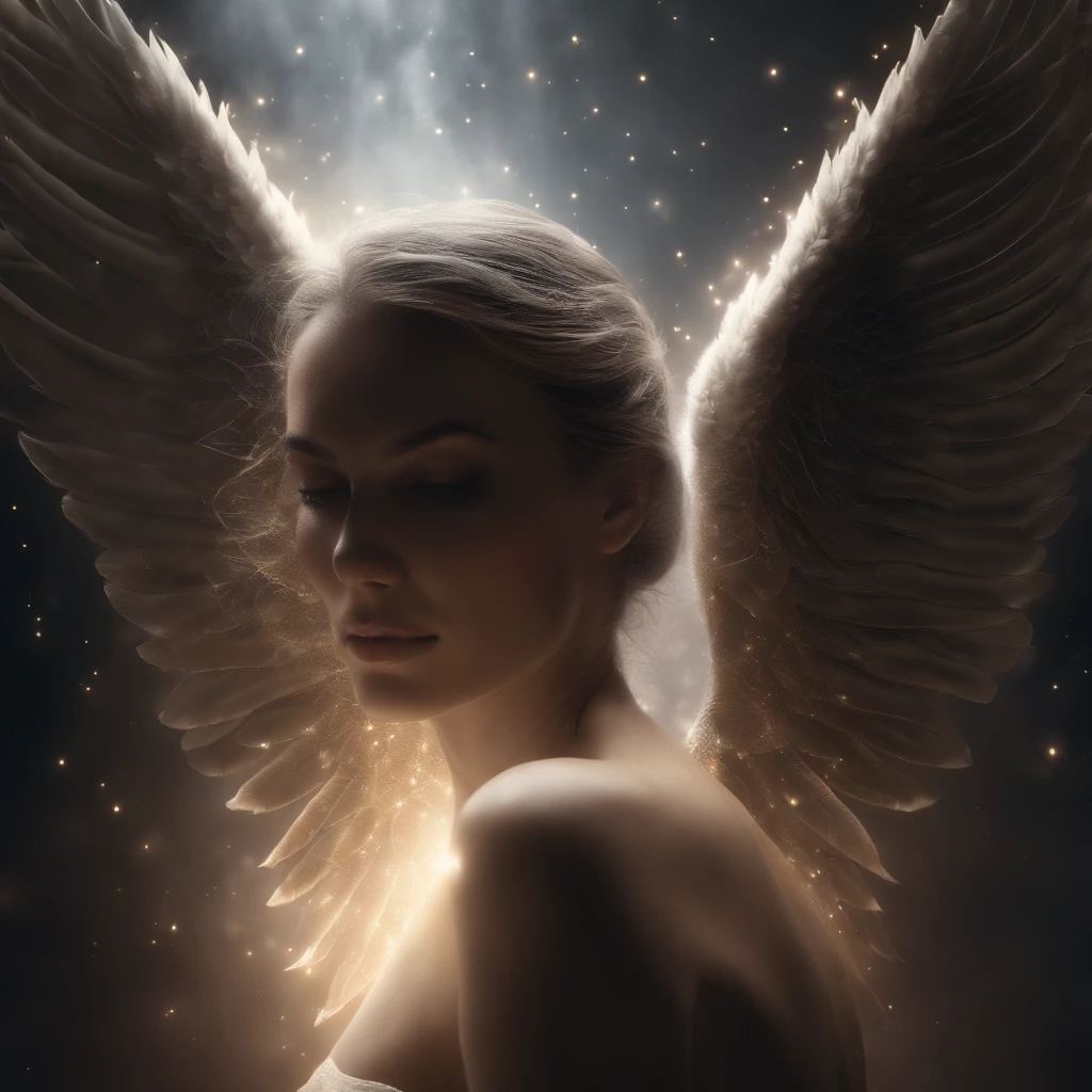 cosmic fallen angel, olhos claros brilhantes, Biomechanicals, estranho, assustador, Pesadelo, cores muito brilhantes, light particles, com luz brilhante, Mshiff, Arte do papel de parede, Papel de parede UHD