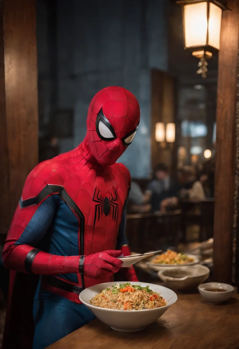 Cinematographer, ultra realista, Ropa detallada, Bellamente detallado, UHD, HDR, Altas Resoluciones, ultra detallado, Detalles intrincados, Efectos texturales, absurdos, obra maestra, 8k:1.2. En esta imagen, vemos a Spider-Man en un inusual descanso de sus actividades heroicas. He's standing in a chic Asian restaurant in his iconic costume.................................. Spider-Man holds a bowl of Chinese fried rice mixed with chow mein in his hands skillfully. The restaurant is decorated with traditional Chinese elements, como linternas rojas colgando del techo y dragones dorados esculpidos en las paredes. The dim light of the lanterns creates a warm and welcoming atmosphere in the place.