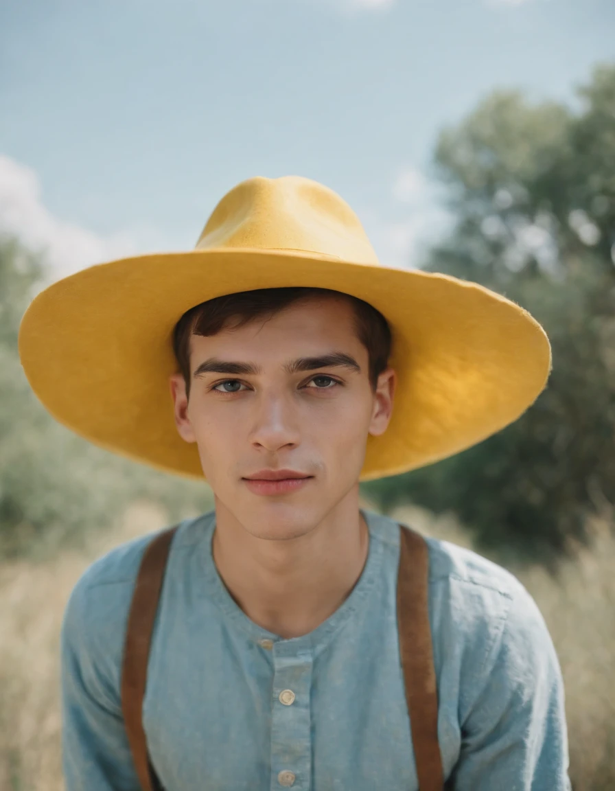 a young man holding a yellow hat, in the style of kitsch aesthetic, sun-kissed palettes, sky-blue and bronze, photo taken with provia, decadent beauty, genderless, woven/perforated