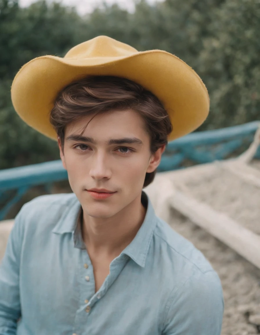 a young man holding a yellow hat, in the style of kitsch aesthetic, sun-kissed palettes, sky-blue and bronze, photo taken with provia, decadent beauty, genderless, woven/perforated