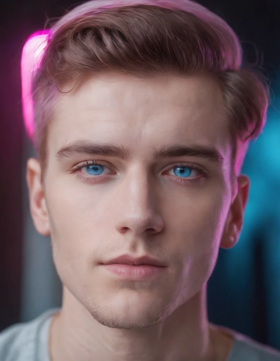 a young man with pink and blue eyes is photographed with his hair, in the style of neon realism, light and shadow play, layered imagery, volumetric lighting, split toning, surreal human figures, goerz hypergon 6.5mm f/8