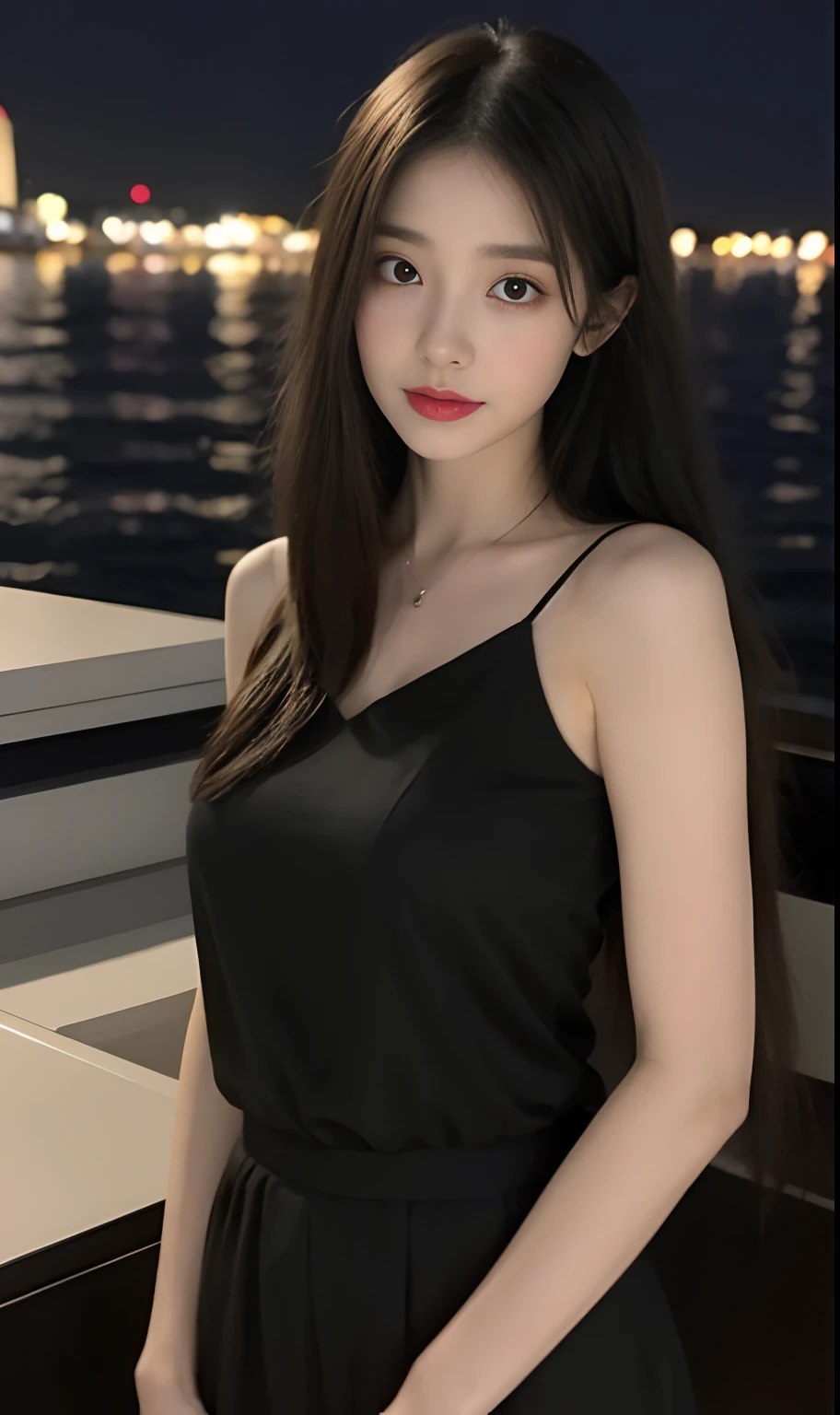 ((Midnight, Best quality, 8k, Masterpiece :1.3)), Whole body, Long legs, Sharp focus :1.2, A pretty woman with perfect figure :1.4, Slender abs :1.1, ((Dark brown hair, Big breasts :1.2)), (sexy dress, thighs, near a lake, cutepussy), ((Night city view, sexy seductive pose)), Highly detailed face and skin texture, Detailed eyes, Double eyelid
