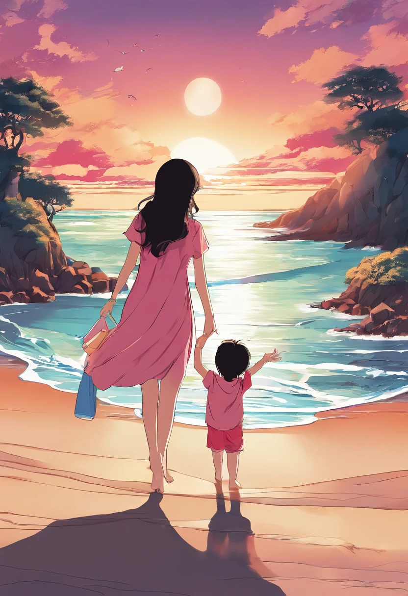 beachside，The mother holds the child's hand