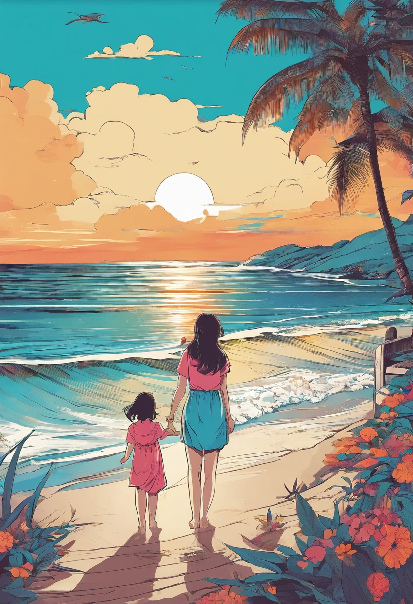 beachside,The mother holds the child's hand