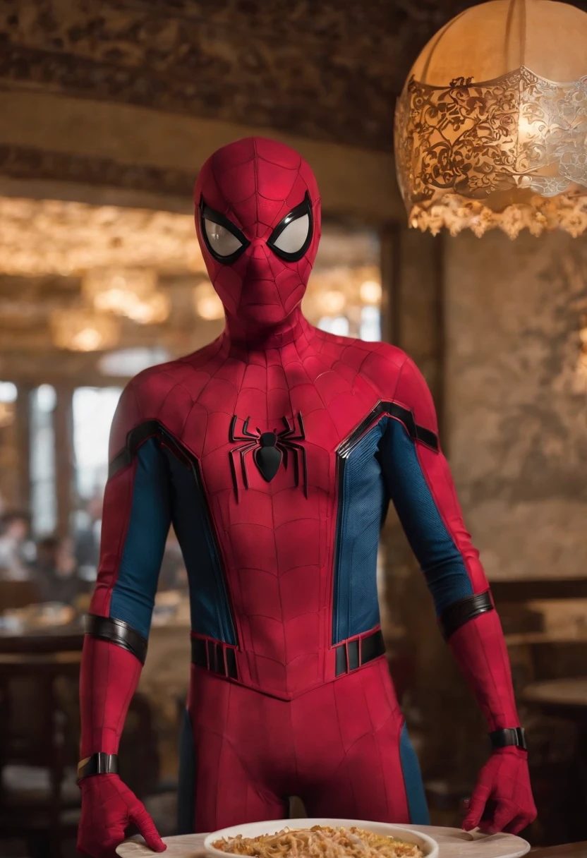 Cinematographer, ultra realista, Ropa detallada, Bellamente detallado, UHD, HDR, Altas Resoluciones, ultra detallado, Detalles intrincados, Efectos texturales, absurdos, obra maestra, 8k:1.2. En esta imagen, vemos a Spider-Man en un inusual descanso de sus actividades heroicas. He's standing in a chic Asian restaurant in his iconic costume................................... Spider-Man holds a bowl of Chinese fried rice mixed with chow mein in his hands skillfully. The restaurant is decorated with traditional Chinese elements, como linternas rojas colgando del techo y dragones dorados esculpidos en las paredes. The dim light of the lanterns creates a warm and welcoming atmosphere in the place.