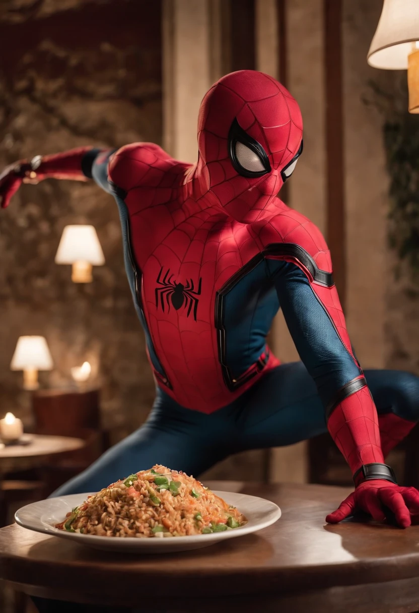 Cinematographer, ultra realista, Ropa detallada, Bellamente detallado, UHD, HDR, Altas Resoluciones, ultra detallado, Detalles intrincados, Efectos texturales, absurdos, obra maestra, 8k:1.2. En esta imagen, vemos a Spider-Man en un inusual descanso de sus actividades heroicas. He's standing in a chic Asian restaurant in his iconic costume................................... Spider-Man holds a bowl of Chinese fried rice mixed with chow mein in his hands skillfully. The restaurant is decorated with traditional Chinese elements, como linternas rojas colgando del techo y dragones dorados esculpidos en las paredes. The dim light of the lanterns creates a warm and welcoming atmosphere in the place.