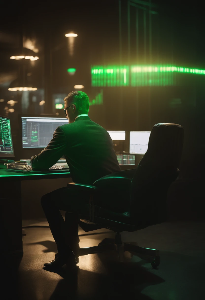 there is a man that is sitting at a computer with a green light, trending on markets, banner, trading, looking partly to the left, exploitable image, center view, matrix lut, promo image, traders, detailed scene, high quality image, matrix, wētā fx, in the background, highlight, high quality product image”