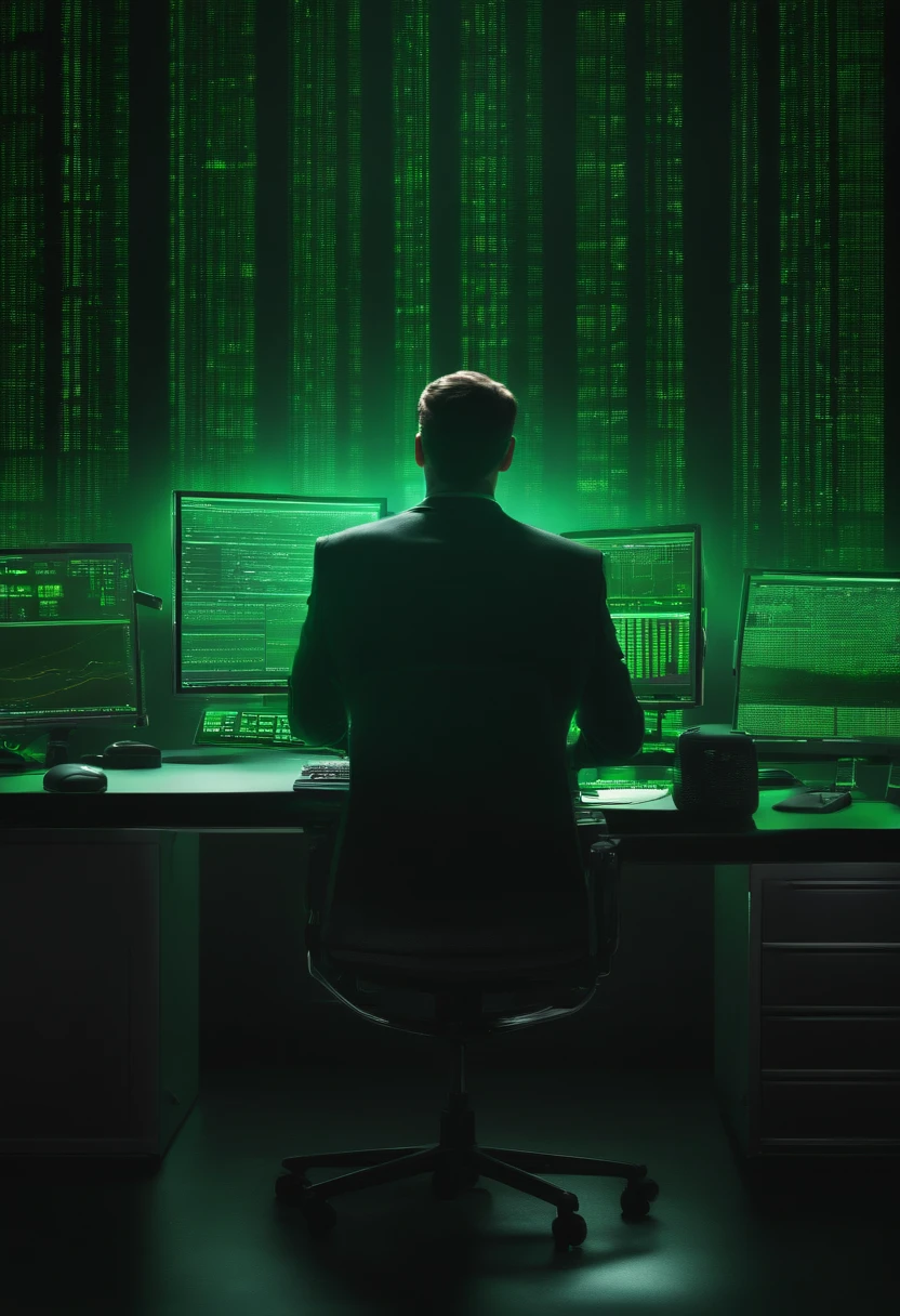 there is a man that is sitting at a computer with a green light, trending on markets, banner, trading, looking partly to the left, exploitable image, center view, matrix lut, promo image, traders, detailed scene, high quality image, matrix, wētā fx, in the background, highlight, high quality product image”