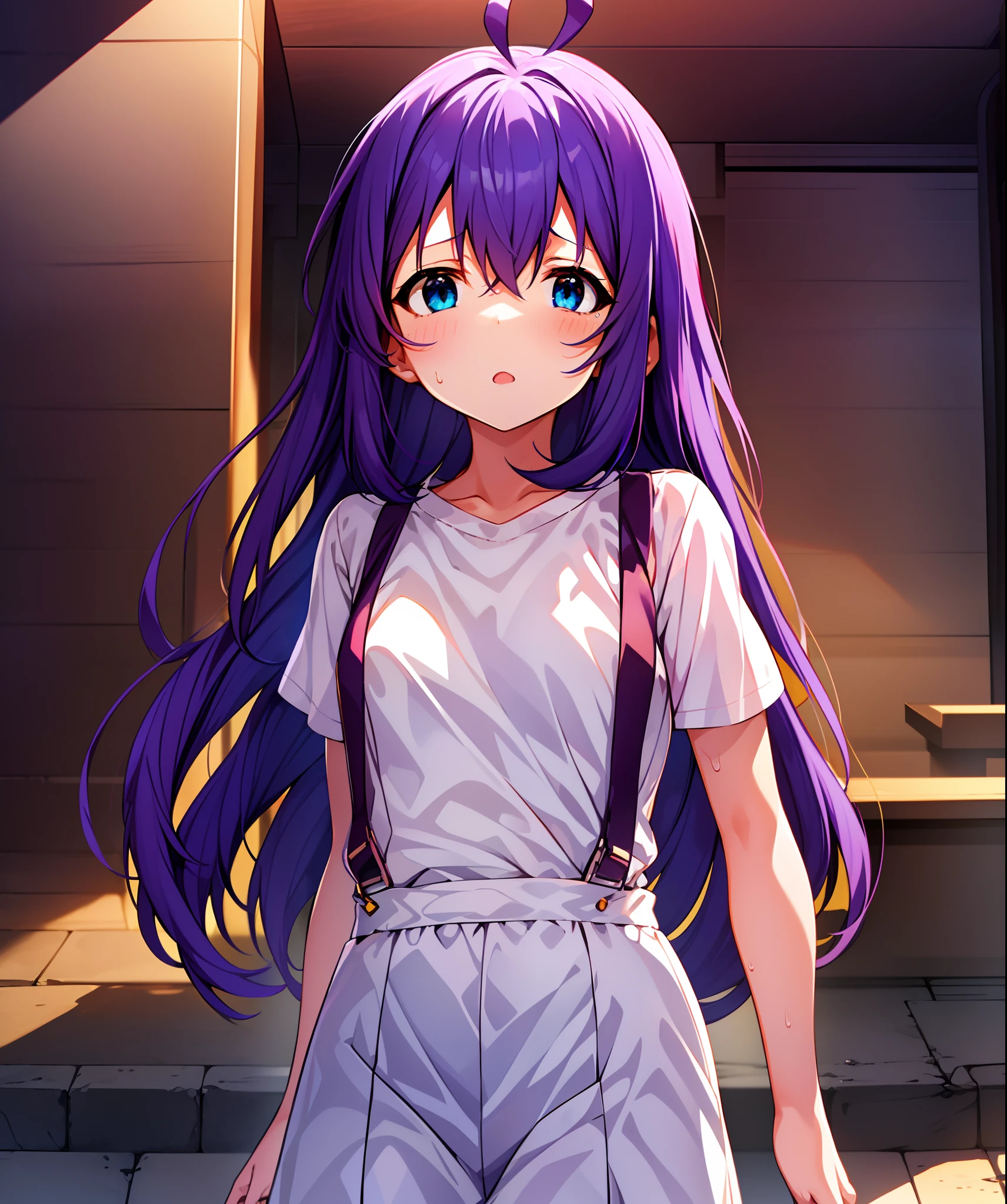 {{{{{mochizuki anna}}}}},1girl,solo,long hair,purple hair,small_ahoge,blue eyes.short stature.white t-shirts.suspenders.skirt.(((masterpiece))).(((best quality))).((ultra-detailed))).(((illustration))).night view.small Breasts.