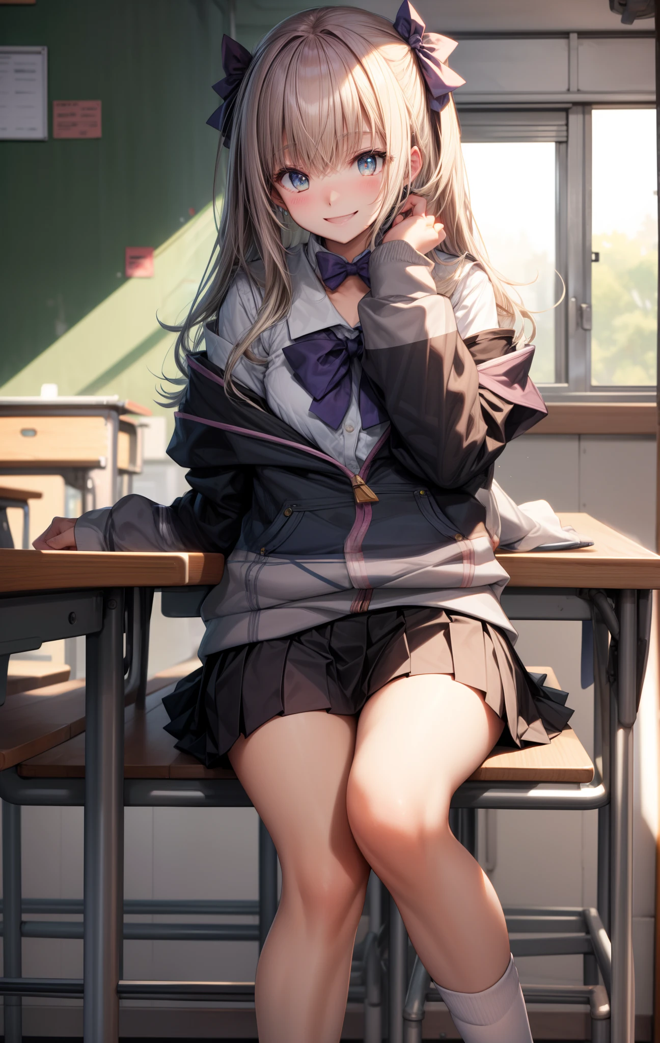 masterpiece, best quality, highres, hmarisu, long hair, hair bow, blue bow, serafuku, sailor collar, white shirt, skirt, classroom, sitting, smile