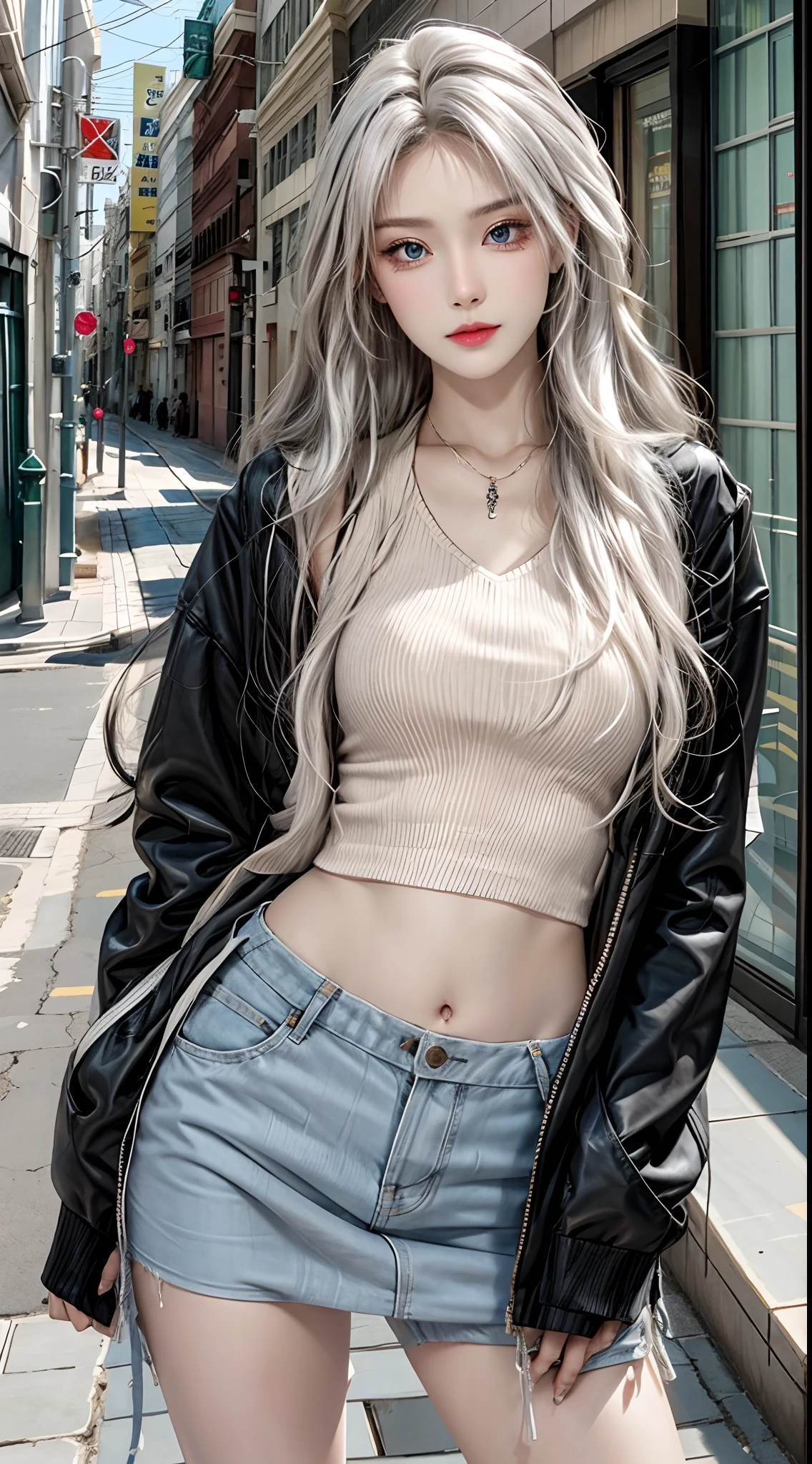 high resolution, 1 woman, hips up, Beautiful eyes, Long hair, ringed eyes, jewelry, tattoo, colorful street wear, white hair