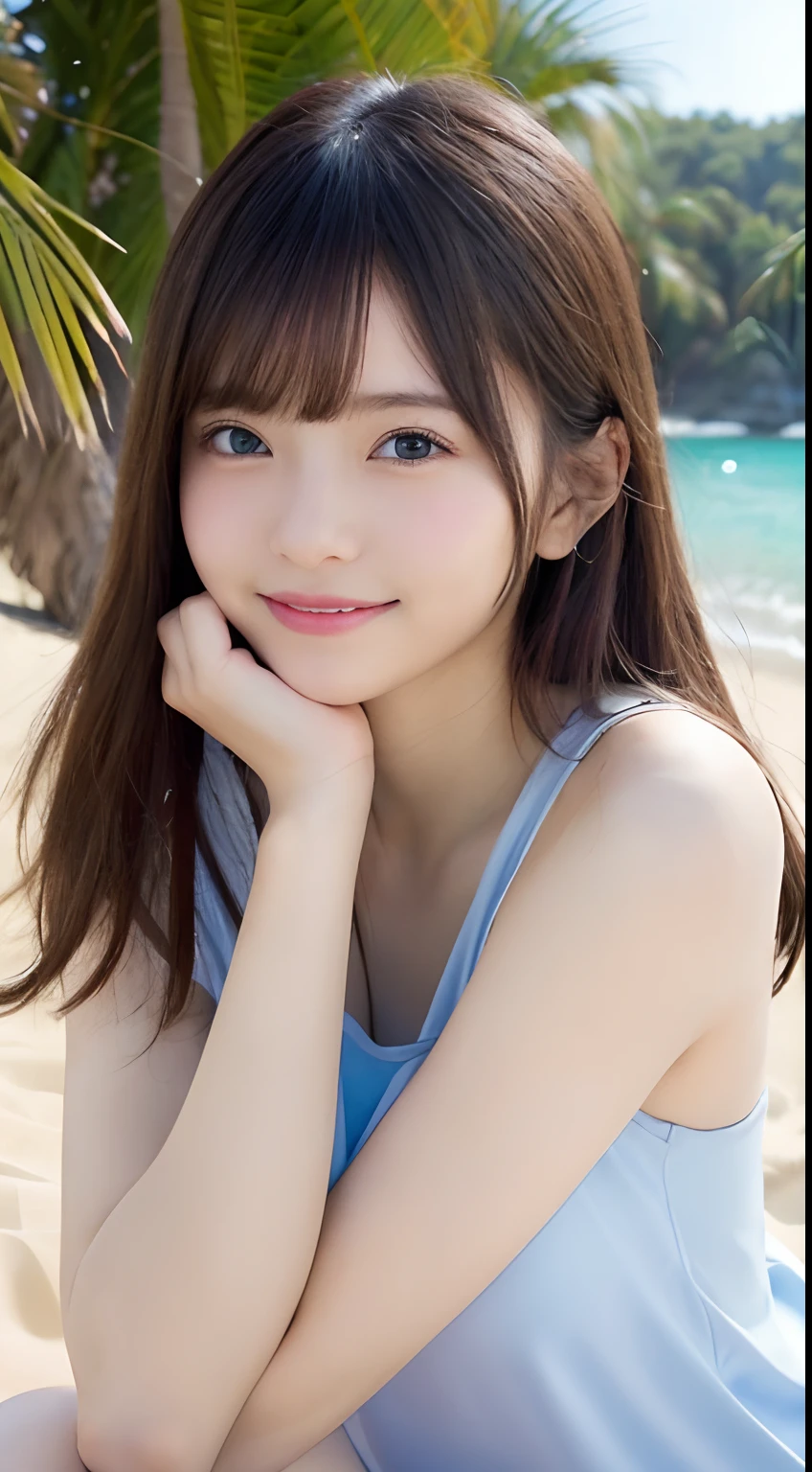 (Highest quality, masterpiece, Ultra-high resolution, (Realistic:1.4), RAW Photos, Written boundary depth, Professional Lighting, Perfect Anatomy, Very detailed), ((((In the middle of the night, There are many stars on the beach)))), One Girl, , The most famous Japanese idols, Portraiture, (extremely cute face like The most famous Japanese idols, (very cute、The eyes are big too), Very beautiful hair, Very beautiful skin), very cute long eyelashes, very cute lips, Very beautiful shoulders, very cute cleavage, An innocent smile