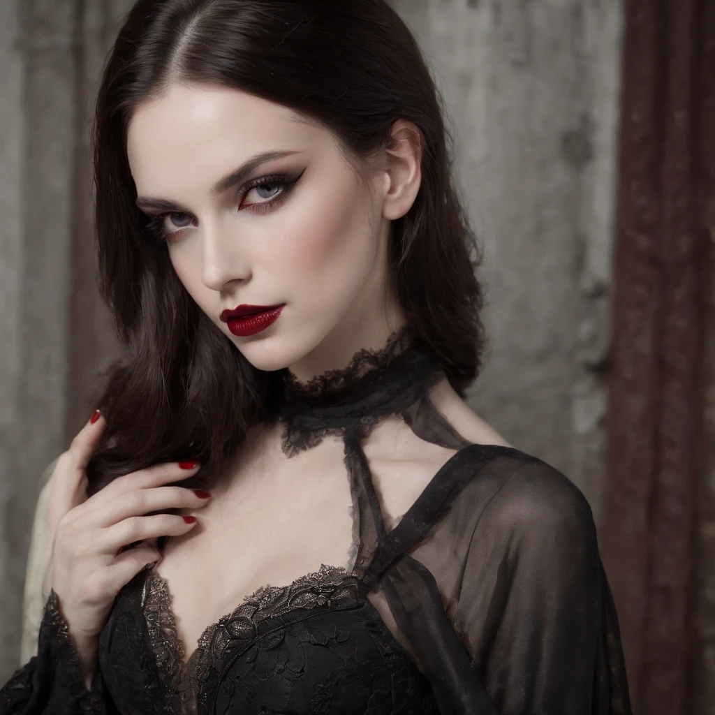 ((goth woman)), (((Corpo inteiro))), (((dinamic poses))), (((Rainha vampira bonita))),  vampiro, gothic horror vibes, Rainha vampira feminina bonita, Arte no estilo de Guvez, Fantasia sombria misturada com realismo, Girl goth shoujo anime, gothic aesthetic, [Arte Digital 4K]，Tongue licks the blood from her lips, cabelos longos e ondulados, 8k, Dynamic natural lighting, volumetric mist, hiper realista, Detalhes intrincados, DSLR, alta qualidade, Rastreamento de raio, NVIDIA RTX, Super-Resolution, filmic grain, (((seios grandes e raspados))), artstation inspiration, cinematic lights, ((corpo inteiro)), (((Corpo do modelo da meninaotor ultrarrealista com detalhes intrincados, long exposure time, fotografia premiada, ((((Pernas ultra-detalhadas)))), (((Cintura ultra detalhada)))), Fotografia ultra-detalhada com grande profundidade de campo, (((qualidade superior, obra prima: 1.3)))), foco nítido: 1. 2, (((Menina extree bonita com figura perfeita: 1.4)))), analogous colors, Sombras brilhantes, beautiful gradient, profundidade de campo, Imagem limpa, alta qualidade, alto detalhado, Sunset lights, Raios de sol no rosto, HDR, (((Gorgeous ultra-detailed gothic lace dress in black colors, Vermelhos e dourados))), ((Colar de safira e rubis ))), Large and detailed chest, pele branca,
