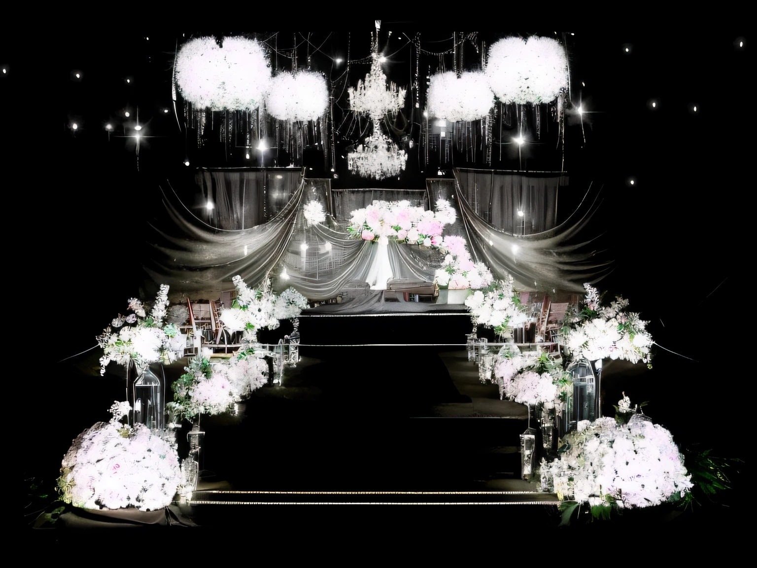 Wedding scenes,The stage is filled with flowers and candles, intricate sparkling atmosphere, luxurious wedding, Wedding, elaborate stage effects, enchanted surroundings, ballroom background, Stage, Stage background, lavishly decorated, rendering of beauty pageant, Cloth curtain effect, palatial scene, ( ( stage light ) ), Stage Liggett, lollipop