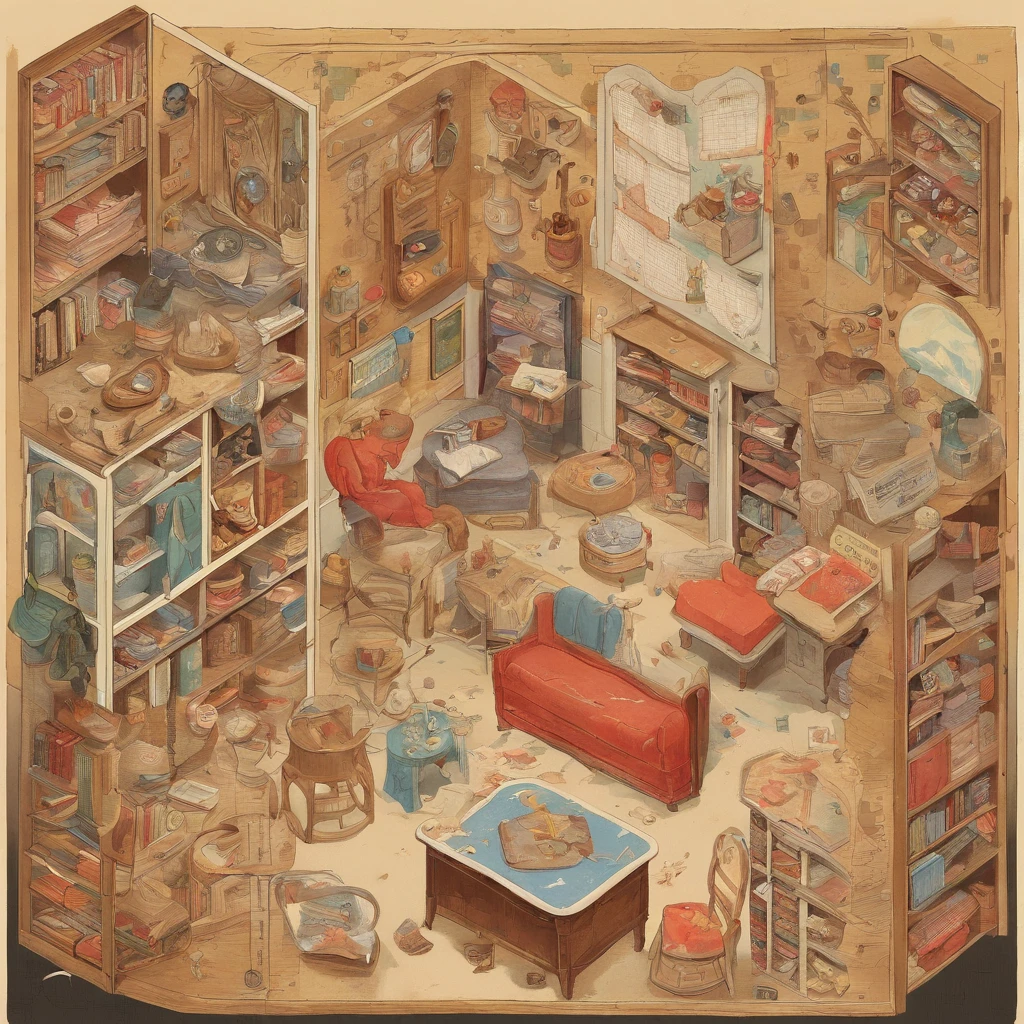 There is a boy's room with ( a bed in the middle of the room ), (a desk with a pencil, a notebook and a textbook), (a chair in front of the desk), (a wardrobe with double doors ), a carpet, a wall clock, a wall painting, (a bookcase with several books on its shelves), a full-length mirror. The room has the same dimensions in width, breadth or depth. This image captures the furniture, home and lifestyle of 1950s America. There will be no technological products in the picture.