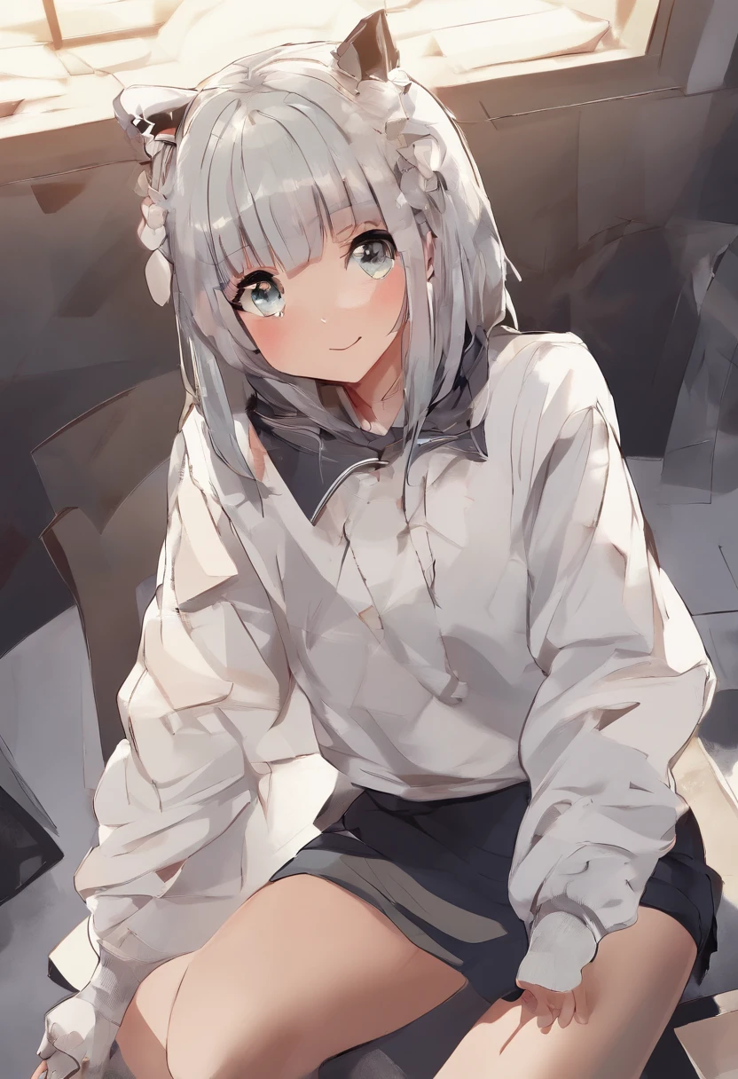 ((of the highest quality, 8K,Raw photo)), (Realistic, Photorealistic: 1.37), (Face Focus: 1.1), Small breasts, A refreshing smile、flat chest, Short hair, A Japanese Lady、20yr old、Japan idol system、(white sweatshirt: 1.1)、Skirt, Sitting, Arms up, From below, Sunlight, Movie Lighting,