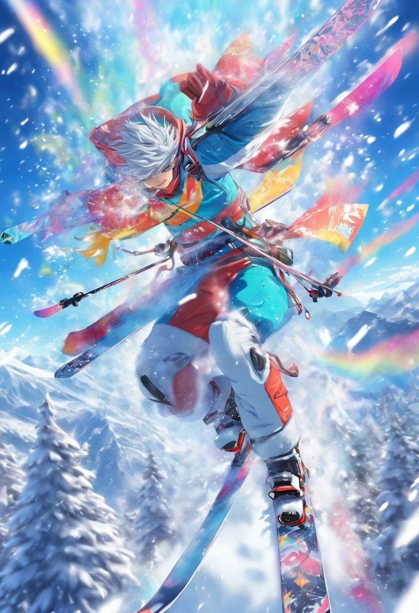 The mountains are World of silver, the sun is shining and the skis wind down fast, Is it powder snow or dancing mist that flies?