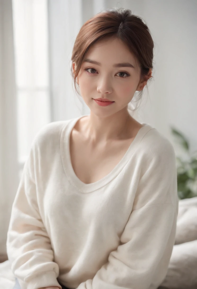 ((of the highest quality, 8K,Raw photo)), (Realistic, Photorealistic: 1.37), (Face Focus: 1.1), a smile、Small breasts, flat chest, Longhaire, A Japanese Lady、20yr old、Japan idol system、(white sweatshirt: 1.1)、Skirt, Sitting, Arms up, From below, Sunlight, Movie Lighting,